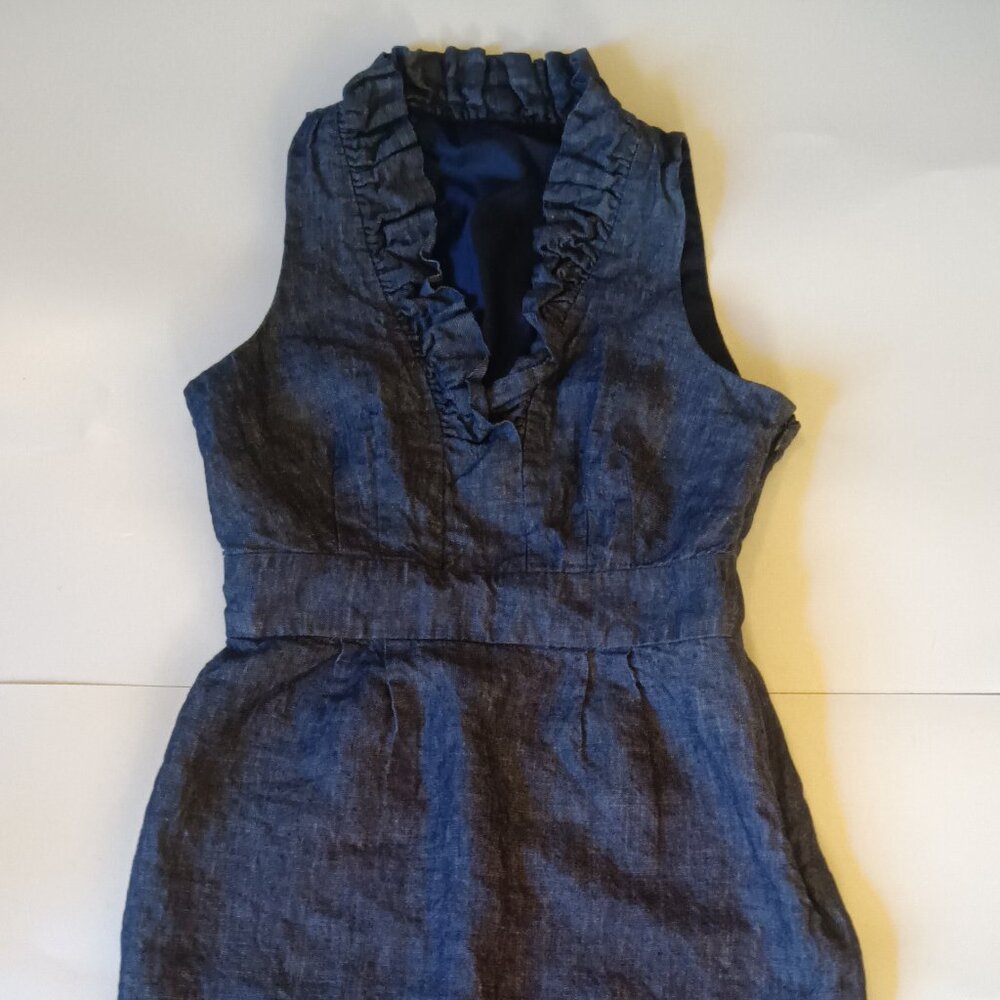 dark blue jean bress no pockets no sleeves open neck line